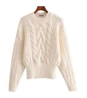 RIBBED TRIMS CABLE-KNIT SWEATER
