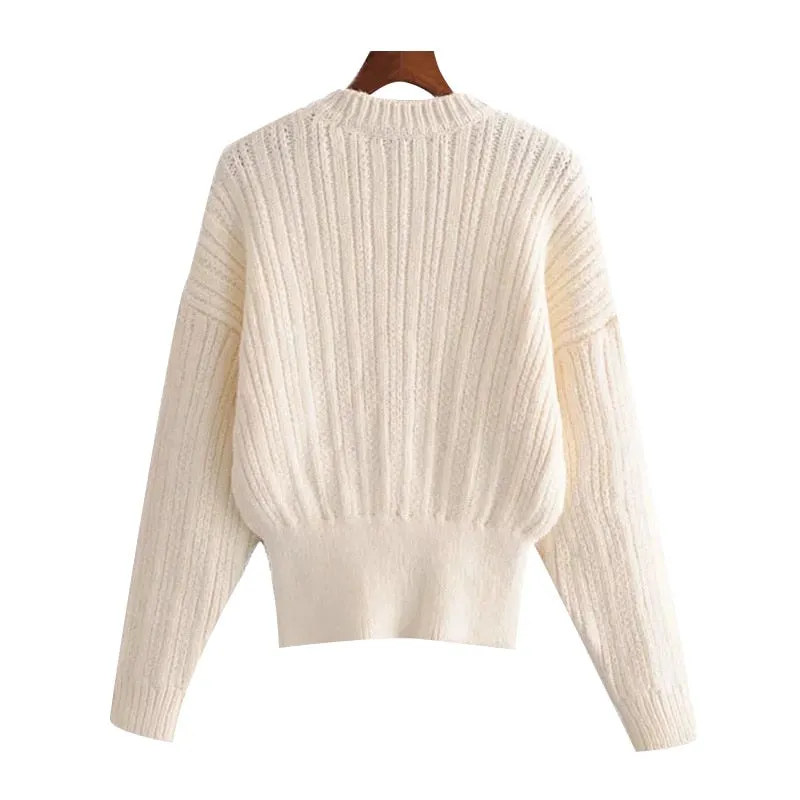 RIBBED TRIMS CABLE-KNIT SWEATER