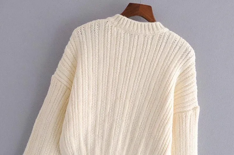 RIBBED TRIMS CABLE-KNIT SWEATER