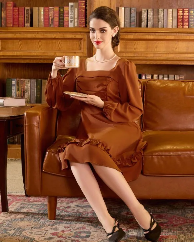 Square Neck Dress Long Sleeve Above Knee A-Line Dress
