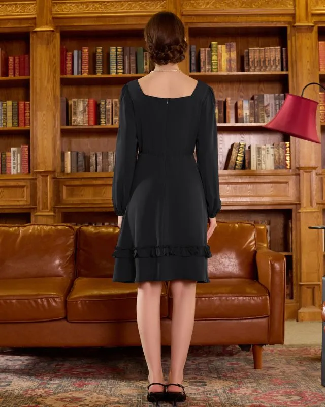 Square Neck Dress Long Sleeve Above Knee A-Line Dress