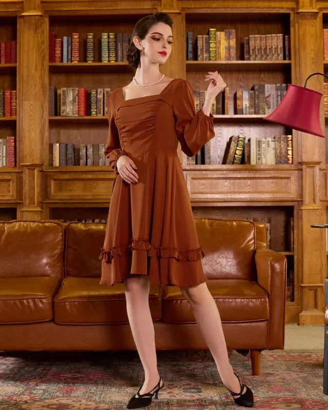 Square Neck Dress Long Sleeve Above Knee A-Line Dress