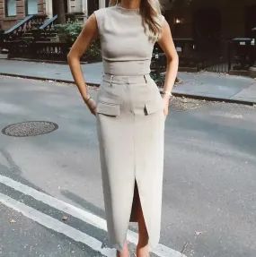 Winter Women's Clothing Casual Slim Vest Split Skirt Set